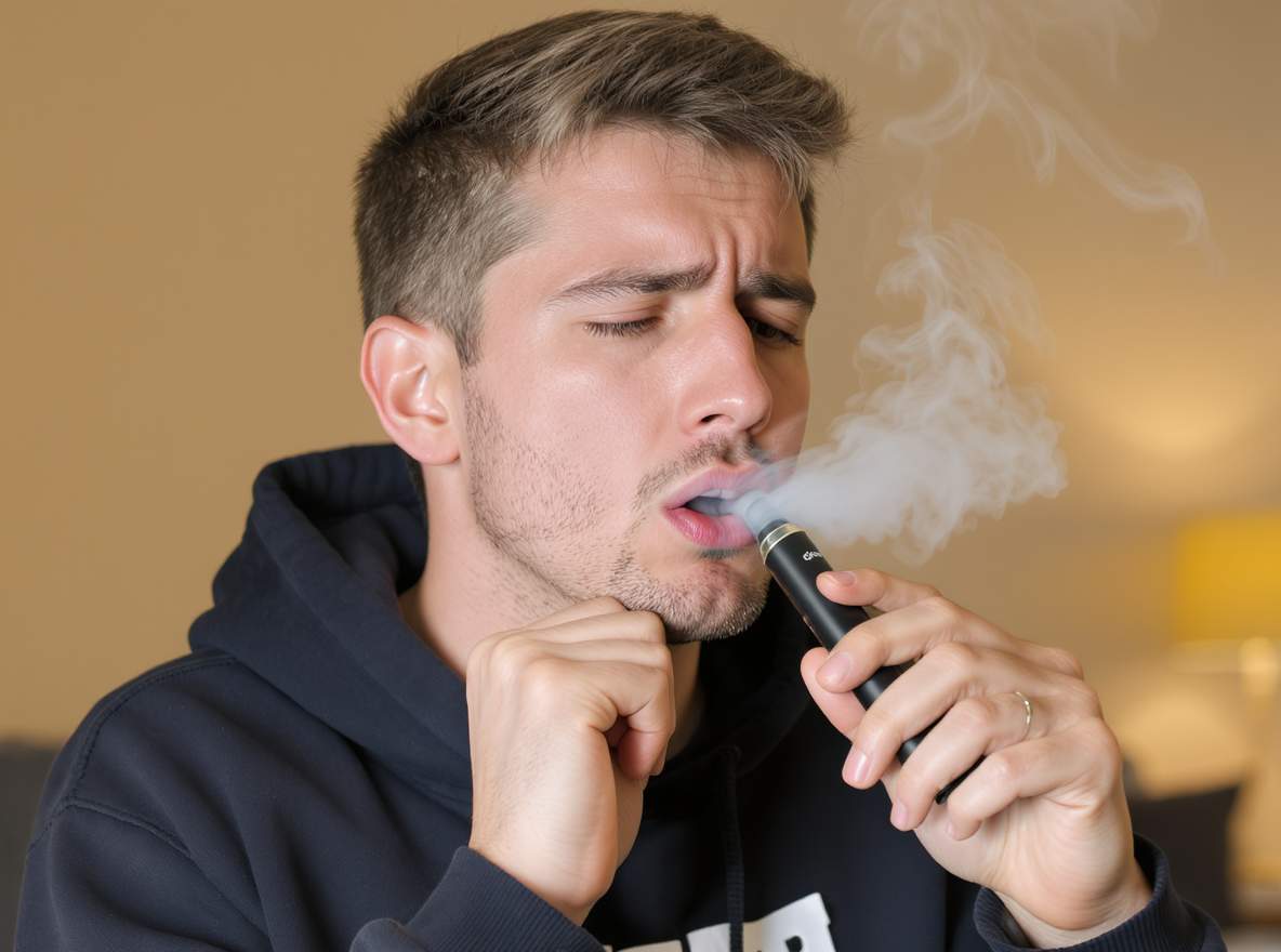 Mann macht typischen Anfängerfehler beim Dampfen und zieht falsch an einer E-Zigarette
