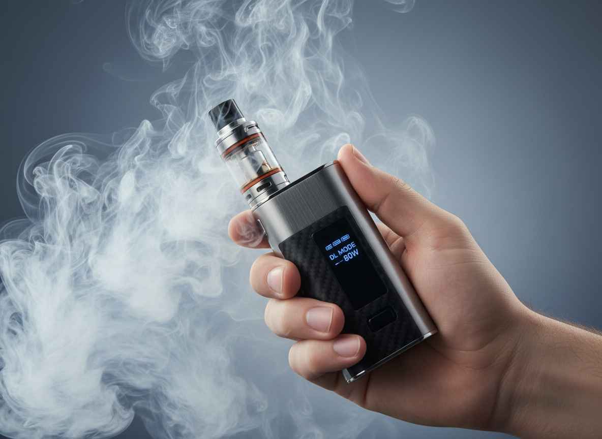 DL-Vape mit großer Dampfwolke - E-Zigaretten Blog & Vaping Community Hand hält ein DL-Vape-Gerät, umgeben von einer großen, dichten Dampfwolke.