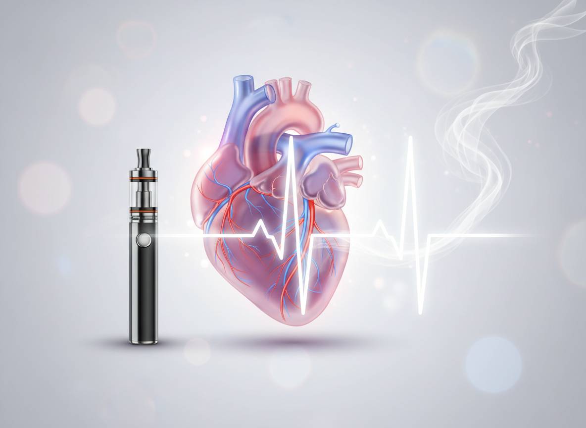 Illustration einer E-Zigarette neben einem anatomischen Herz mit EKG-Linie und aufsteigendem Dampf.