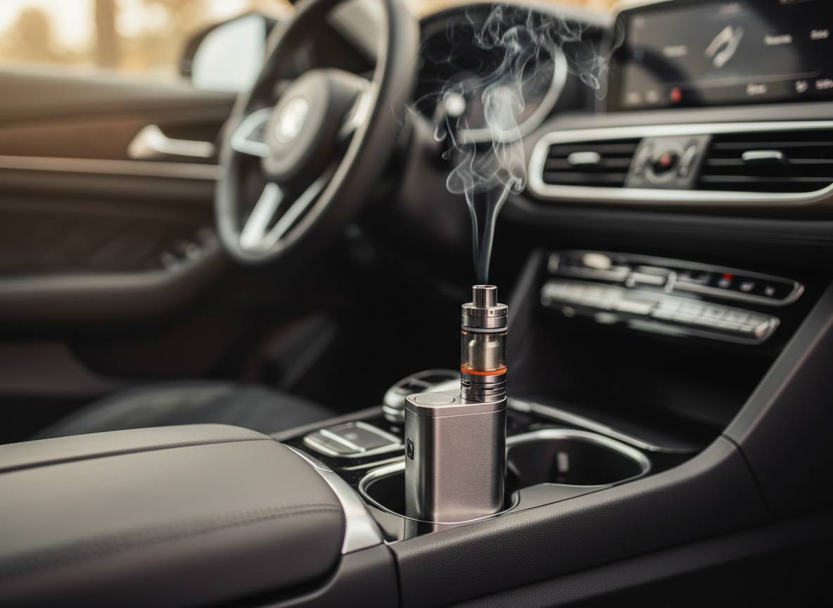 E-Zigarette im Getränkehalter eines Autos mit aufsteigendem Dampf, Nahaufnahme im modernen Fahrzeuginterieur.