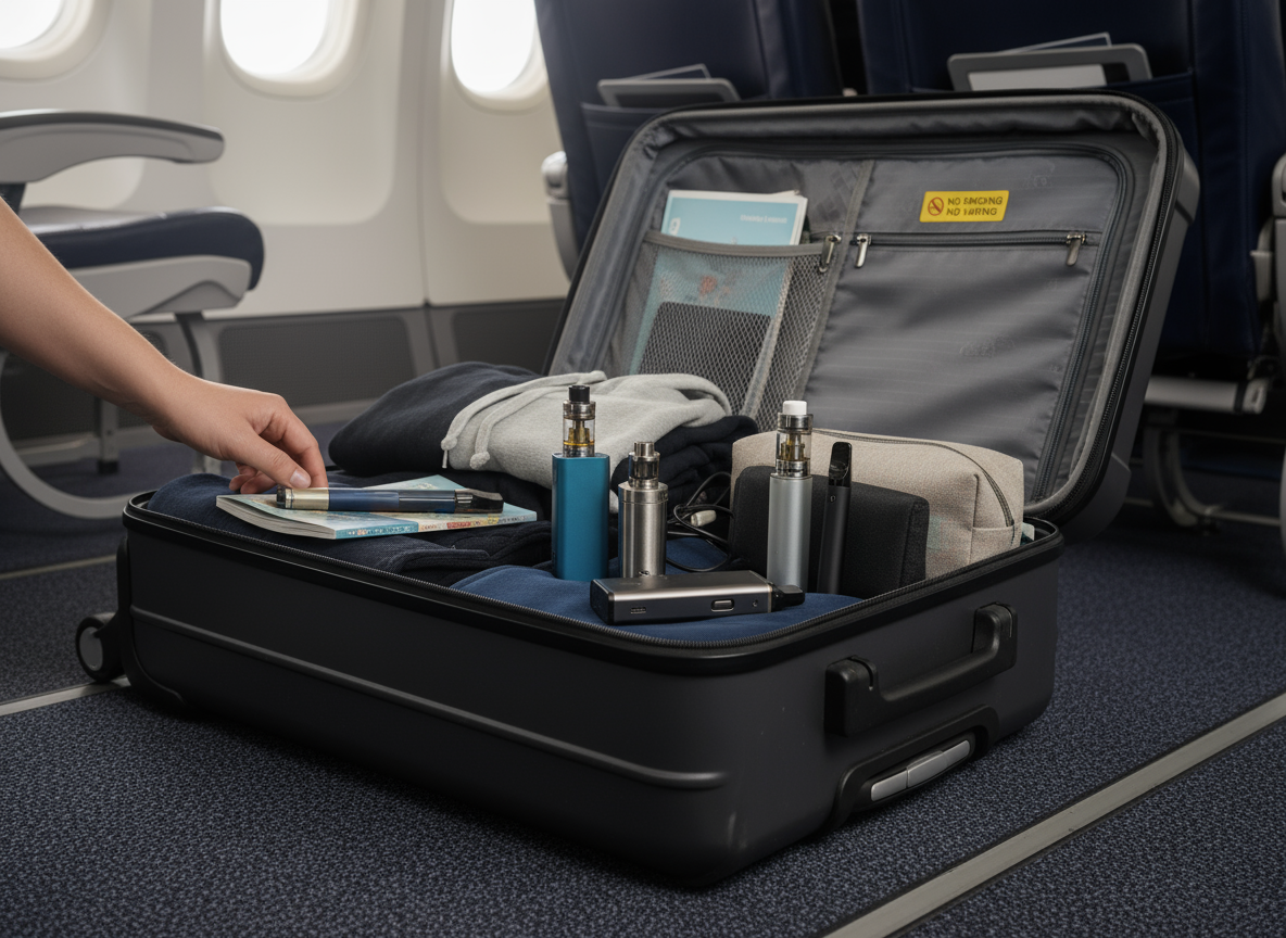 Offener Handgepäckkoffer mit Kleidung und mehreren Vapes – Symbolbild für Vaping im Flugzeug und Transport von E-Zigaretten im Handgepäck