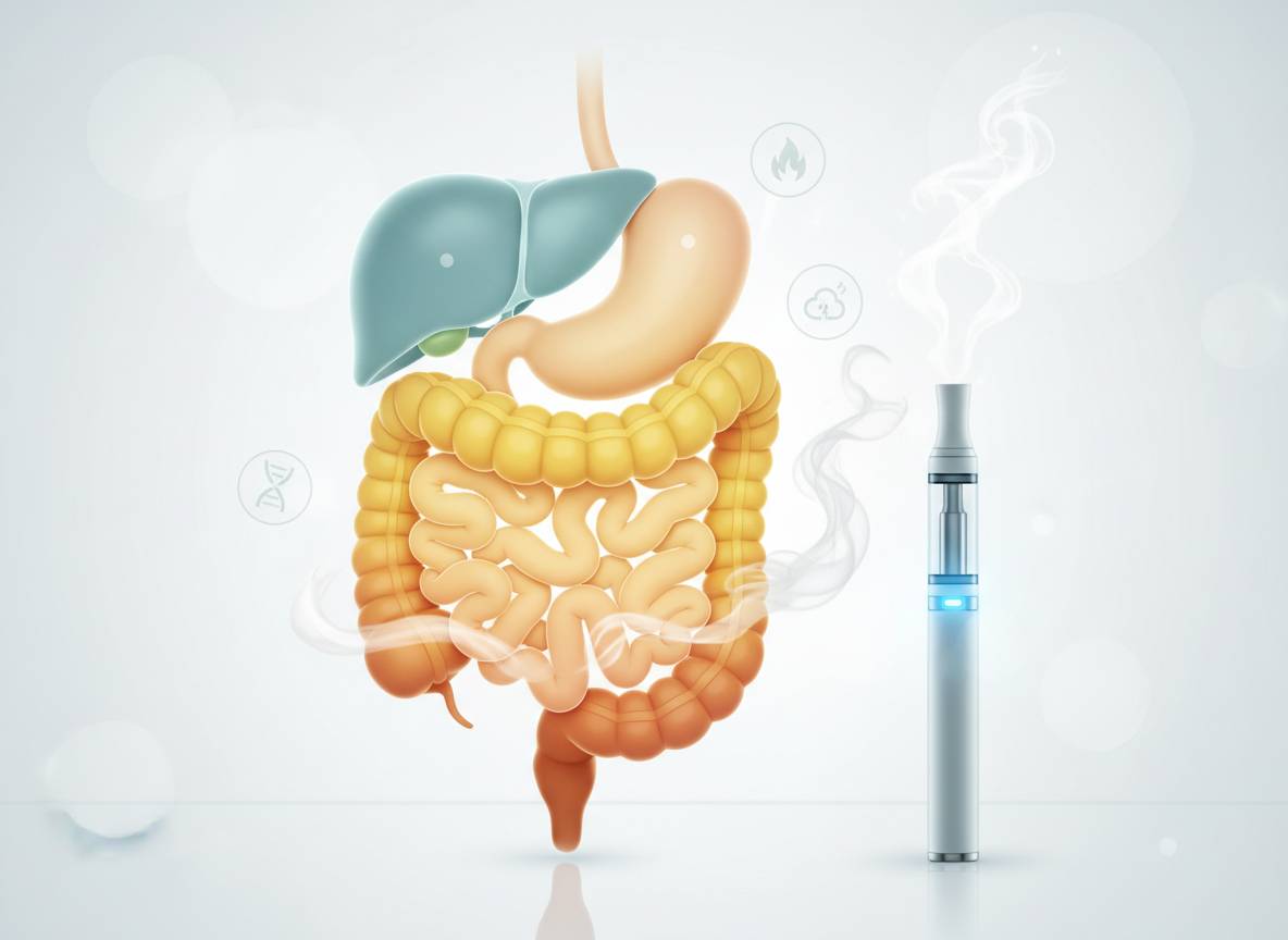 Illustration eines menschlichen Verdauungssystems mit Darm und Magen, daneben eine dampfende E-Zigarette als Symbol für mögliche Darmprobleme durch Vaping.