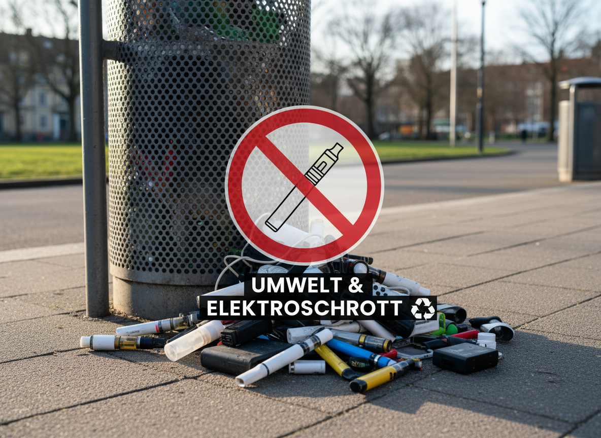 Mehrere weggeworfene Einweg-Vapes liegen auf dem Boden, darüber ein großes rotes Verbotsschild – Symbolbild für das Einweg E-Zigaretten Verbot in Deutschland und Europa