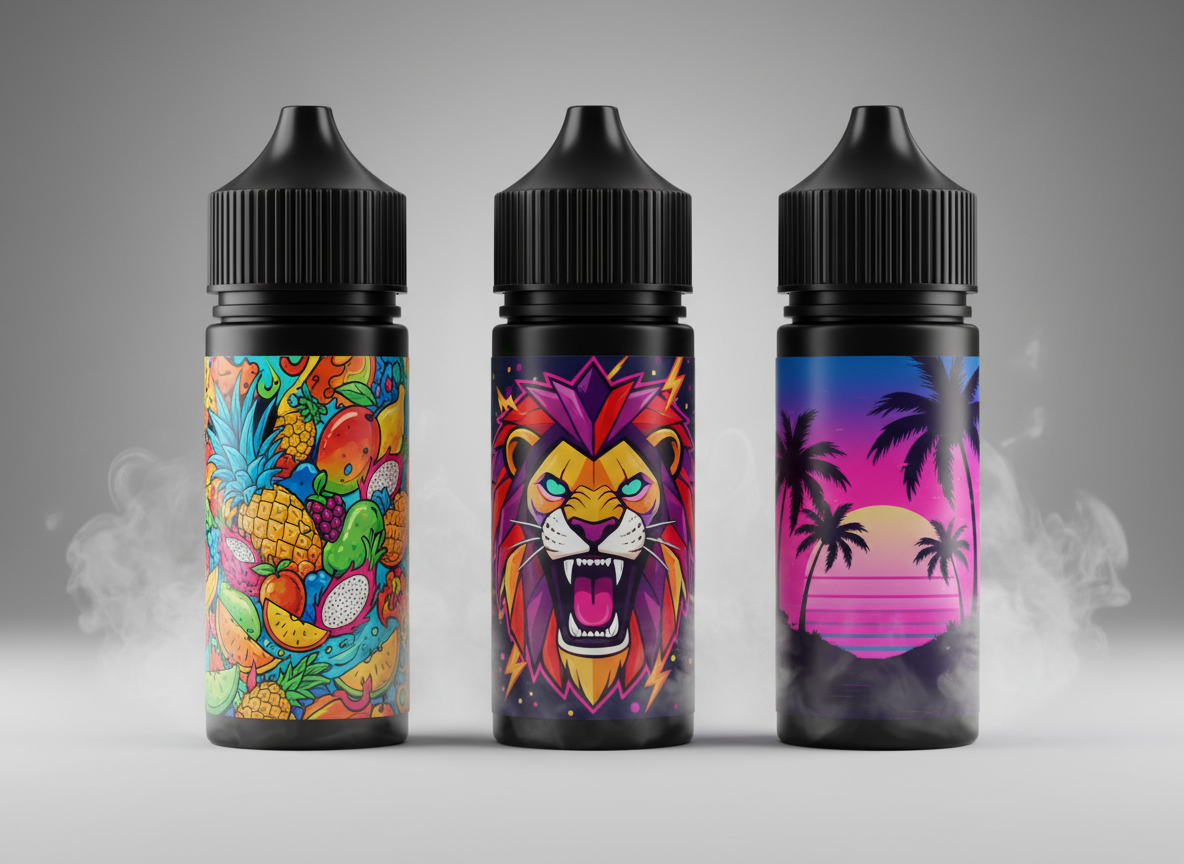 Mehrere 100ml E-Liquid Flaschen mit farbenfrohen Vape-Labels auf neutralem Hintergrund.