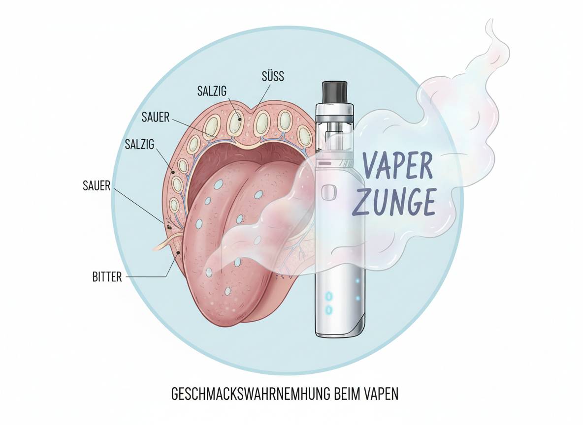 Illustration der Geschmackszonen der Zunge mit Vape-Dampf und dem Begriff „Vaper Zunge“, erklärt die Geschmackswahrnehmung beim Vapen.