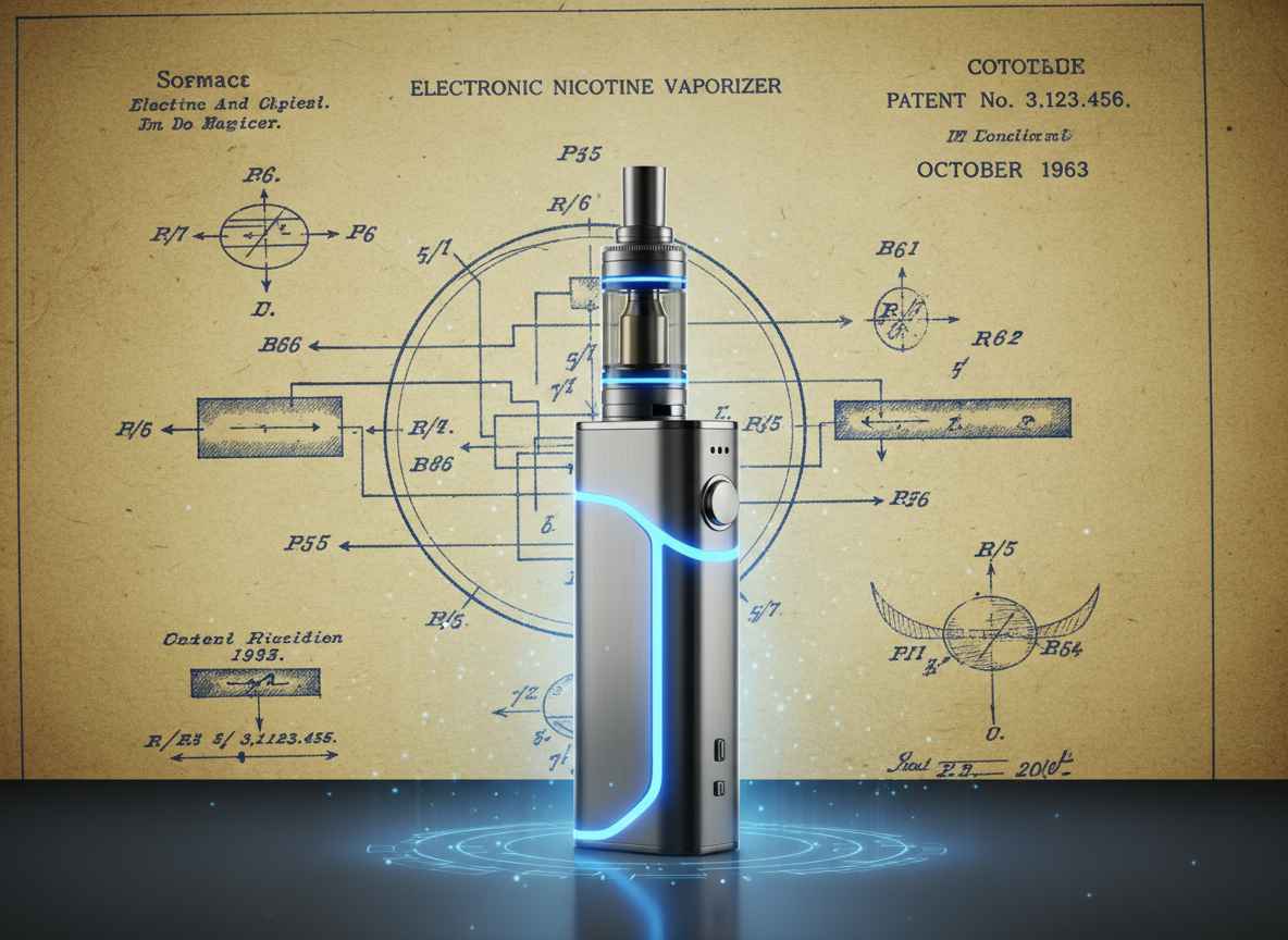 Symbolbild zur Geschichte der E-Zigarette: moderne Vape vor technischer Patentskizze im Hintergrund.