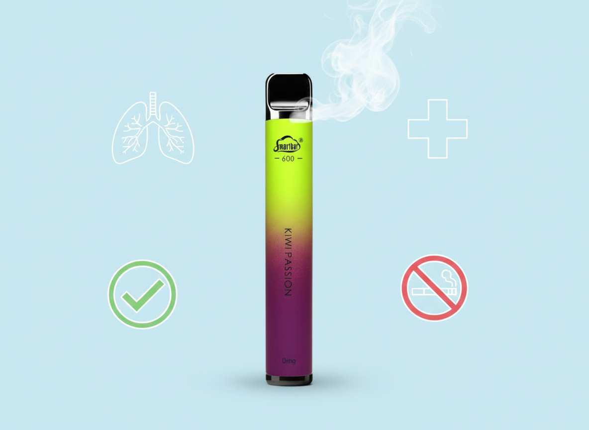 Nikotinfreie orange Vape mit der Aufschrift „Vape ohne Nikotin erklärt“ auf hellem Hintergrund