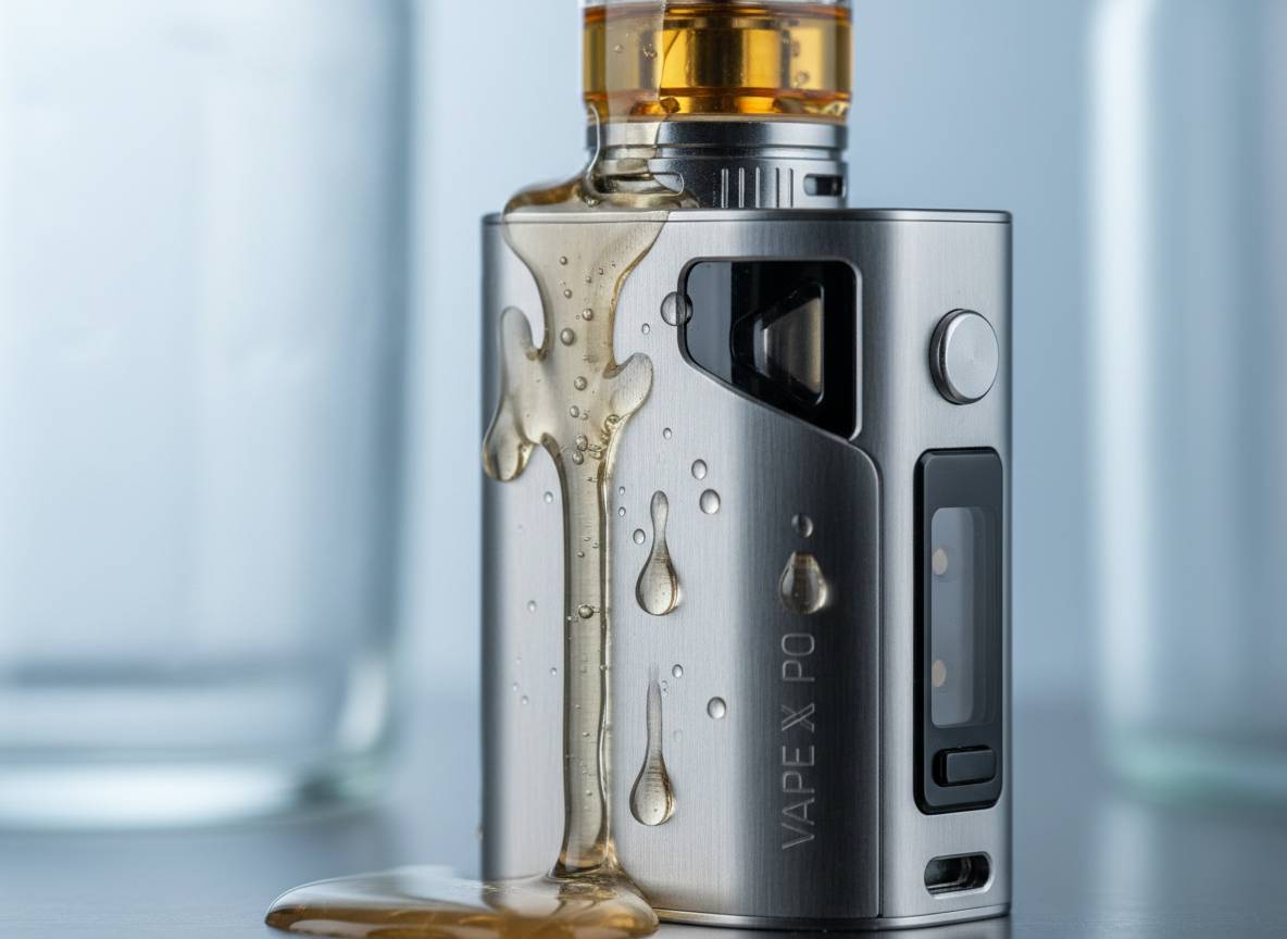 Nahaufnahme einer Vape, aus der E-Liquid ausläuft – Gerät mit sichtbaren Tropfen und Siff-Problemen