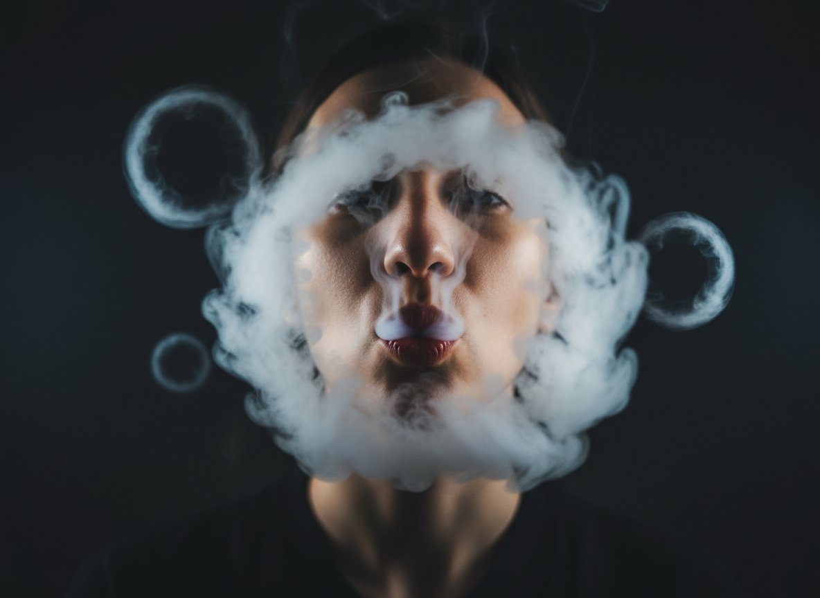 Person bläst mehrere Dampfringe aus einer Vape in die Luft – Nahaufnahme mit sichtbaren O-Ringen.