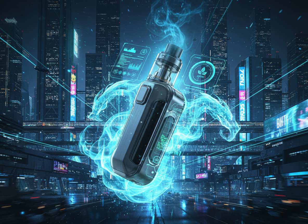 Vape Trends 2025 – Futuristisches AI-Vape-Design - E-Zigaretten Blog & Vaping Community Futuristisches Vape-Gerät in einer neonbeleuchteten Cyberpunk-Stadt, umgeben von holografischen Anzeigen und blau leuchtenden Dampfeffekten.
