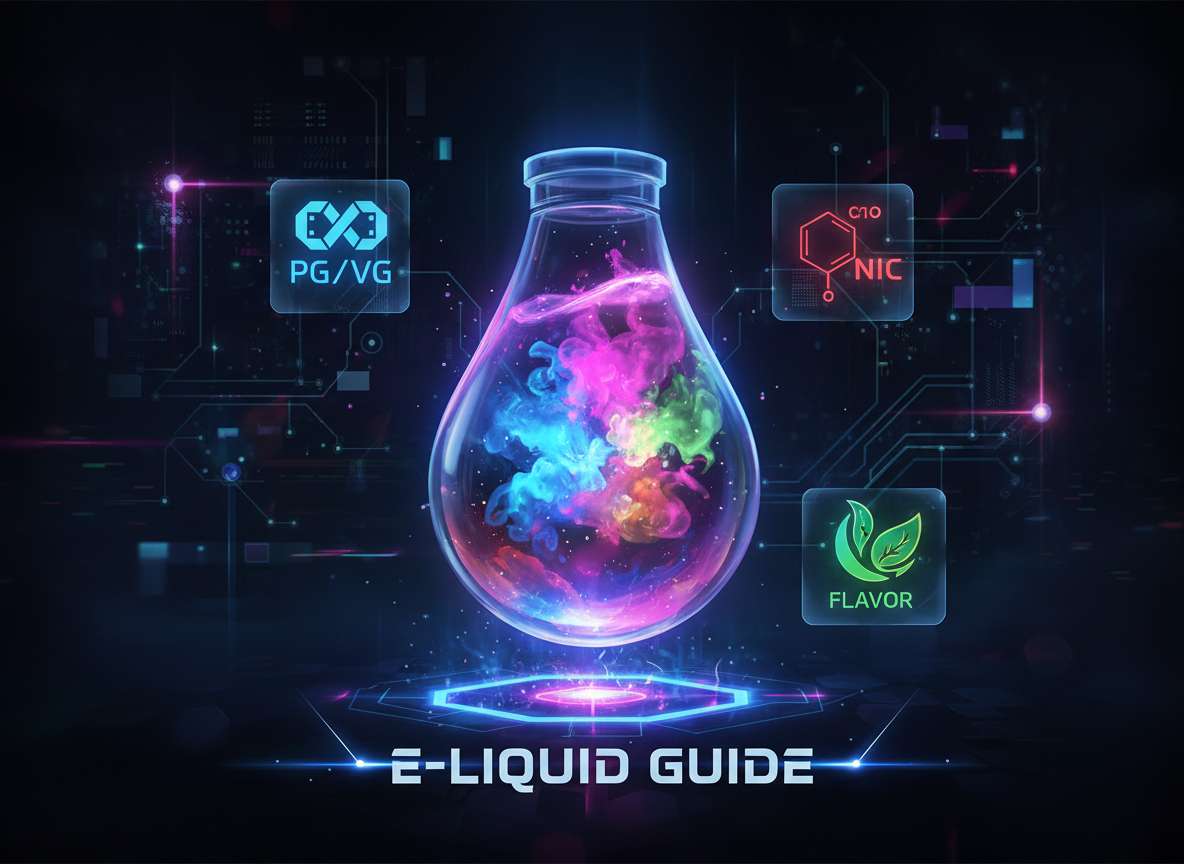 E-Liquid Guide 2025 – Anfänger-Liquids erklärt - E-Zigaretten Blog & Vaping Community Futuristische Illustration einer E-Liquid-Flasche mit farbigen Aromenwolken und PG/VG-, Nikotin- und Flavor-Icons.