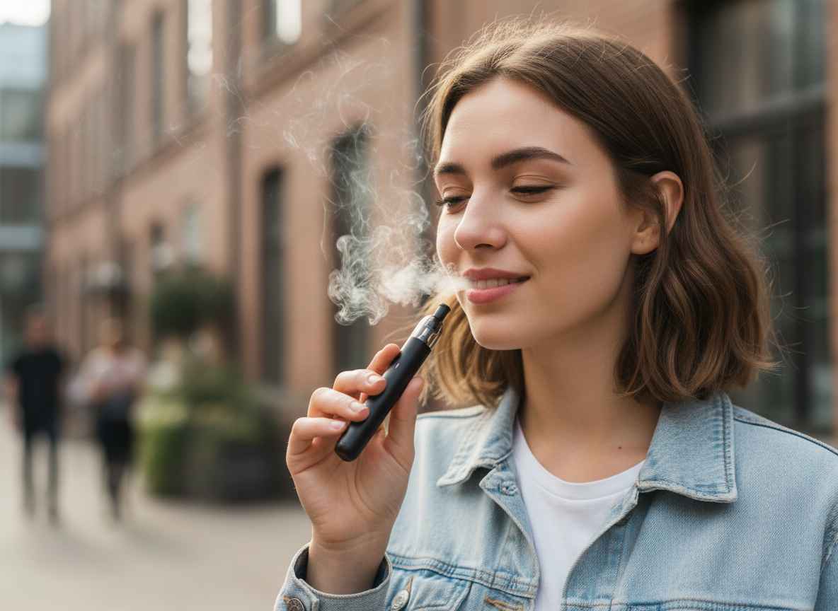 Junge Frau beim Dampfen mit MTL-Vape - E-Zigaretten Blog & Vaping Community Junge Frau dampft eine MTL-Vape in einer urbanen Umgebung und genießt entspannt den Dampf.