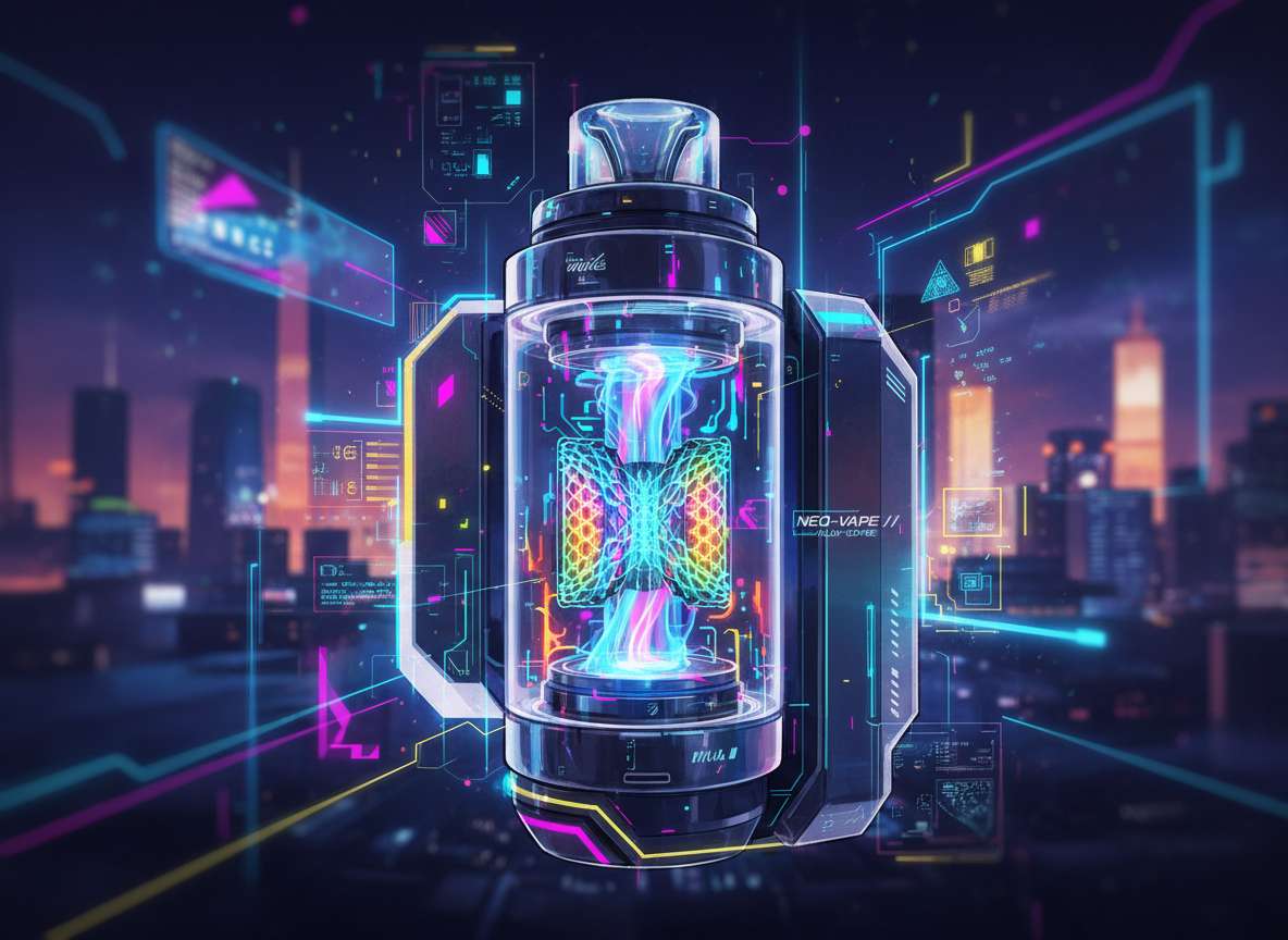 Futuristischer Anime-Coil – Illustration 2025 - E-Zigaretten Blog & Vaping Community Futuristische Illustration eines Vape-Coils im Anime- und Cyberpunk-Stil mit leuchtenden Energieeffekten und technischer Darstellung.
