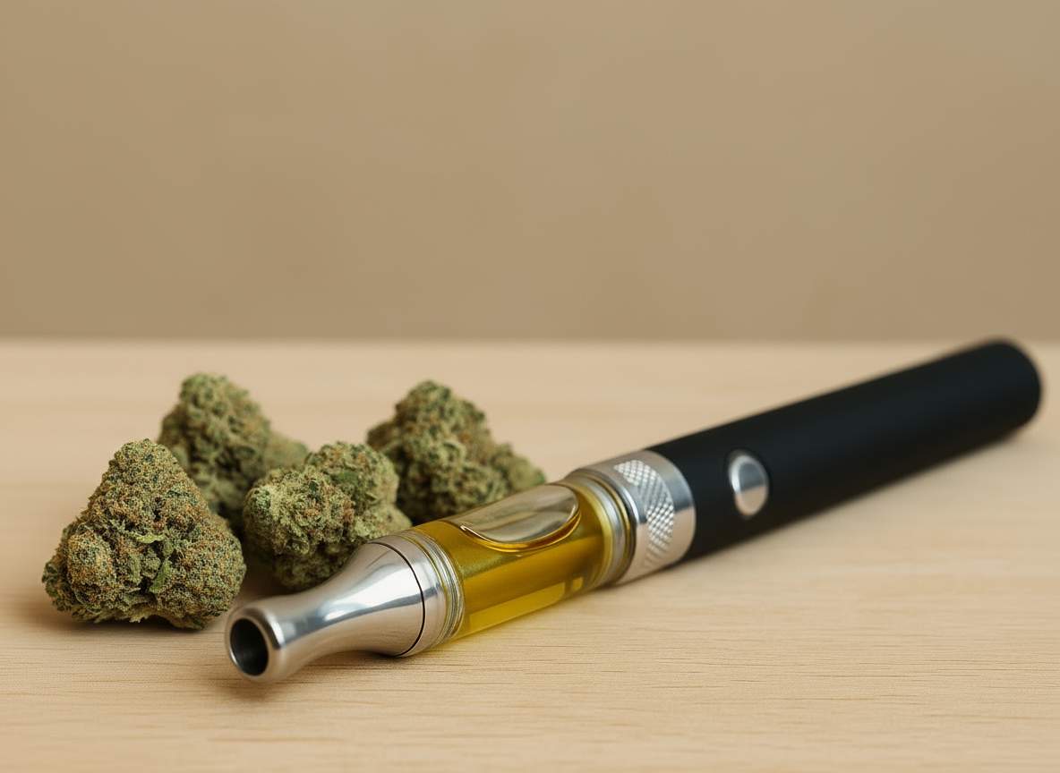 Schwarzer THC Vape Pen mit goldfarbenem Öl und Cannabisblüte auf Holztisch