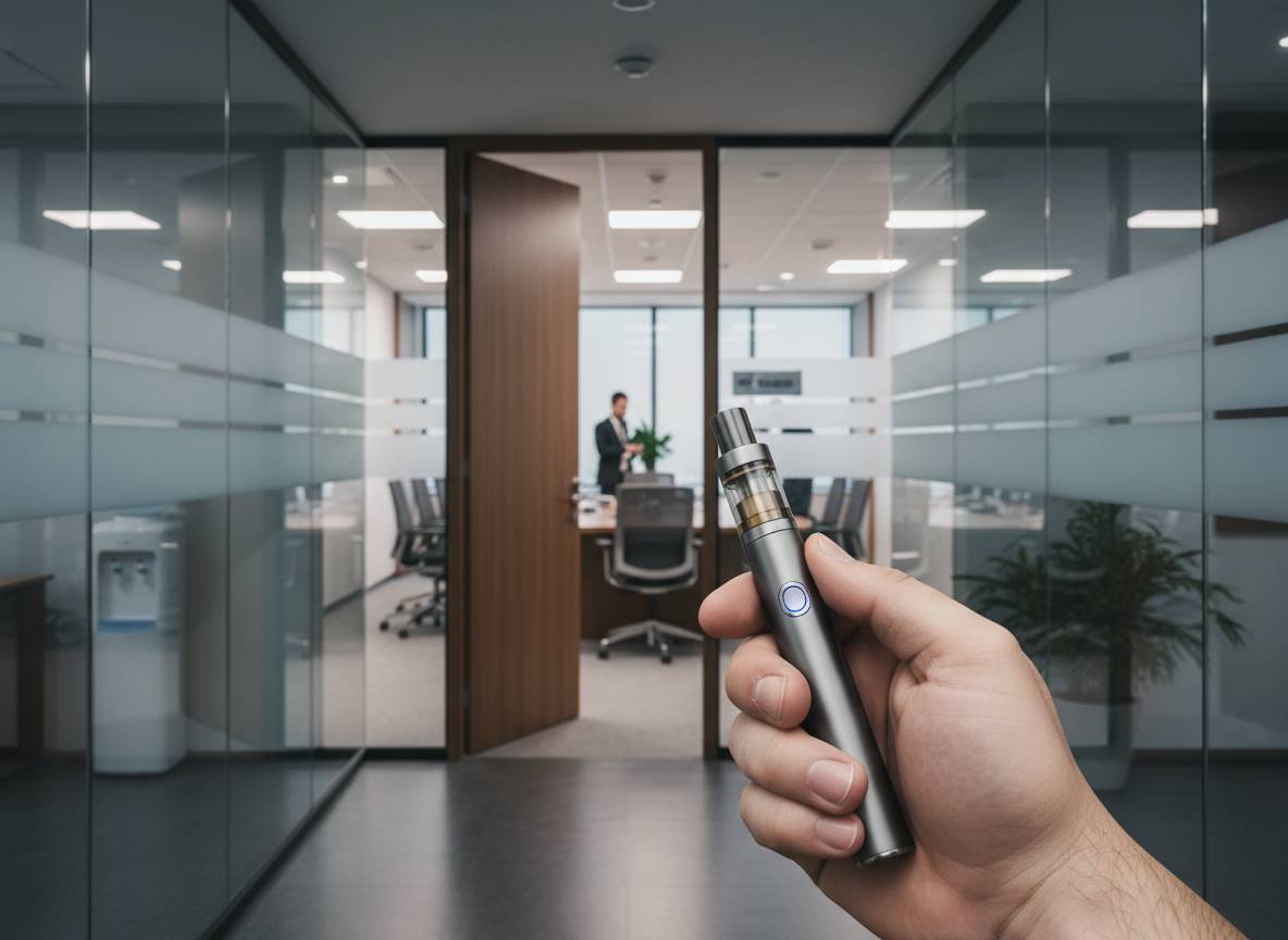 Hand hält eine E-Zigarette in einem modernen Büroflur, im Hintergrund ein geöffnetes Büro mit einer Person.