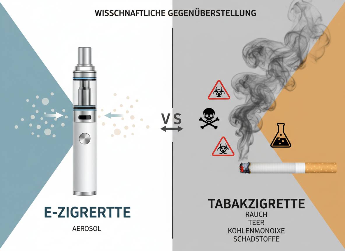 Infografik zum Vergleich von E-Zigarette und Tabakzigarette – Darstellung von Aerosol vs. Rauch, Schadstoffen und Symbolen für Risiken