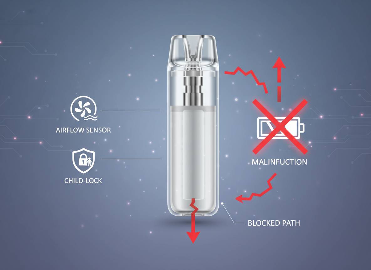 Illustration einer Einweg-E-Zigarette mit Hinweisen auf Airflow-Sensor, Kindersicherung und blockierte Luftwege als Darstellung typischer Fehlfunktionen.