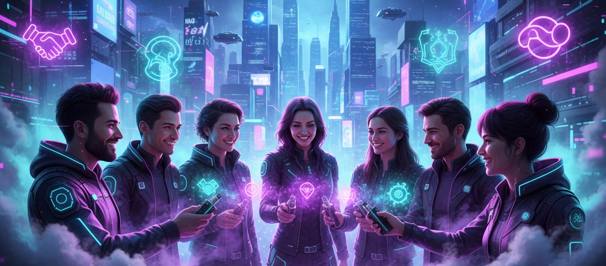 Futuristische Vape Community – Cyberpunk Header - E-Zigaretten Blog & Vaping Community Futuristische Vape-Community in einer Neon-Cyberpunk-Stadt, mehrere Menschen vapen gemeinsam und symbolisieren Zusammenhalt und Gemeinschaft.