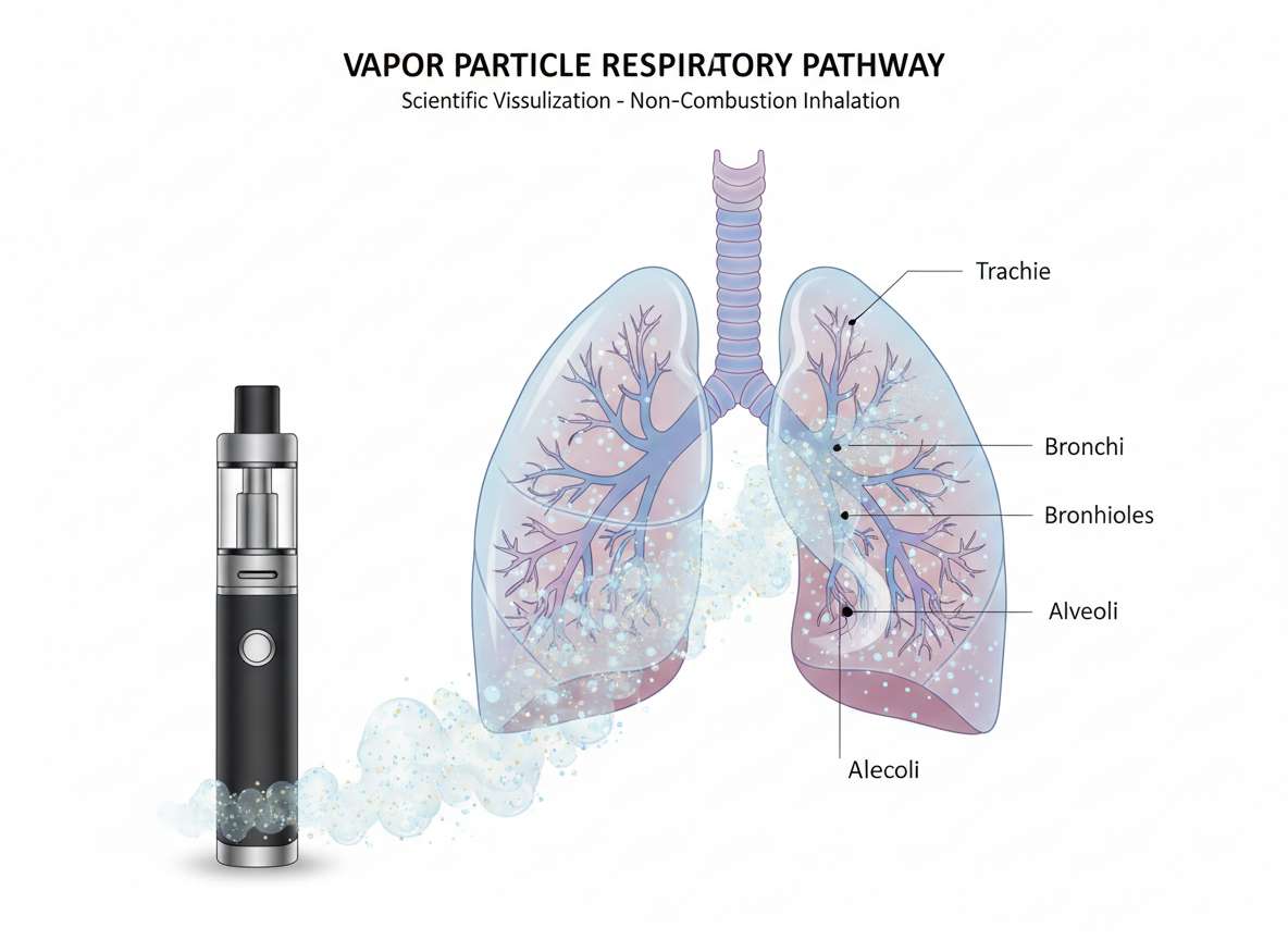 Medizinische Illustration, die zeigt, wie Dampfpartikel einer E-Zigarette in die Atemwege gelangen – mit transparent dargestellten Lungen, Bronchien und Alveolen.