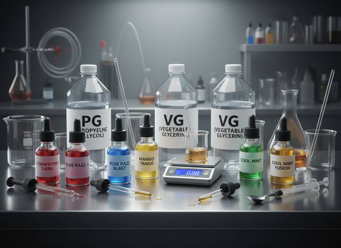 Verschiedene Lebensmittelaromen, PG- und VG-Flaschen sowie Pipetten und Becher auf einem Labortisch – typische Zutaten zum Mischen von DIY-Liquids.