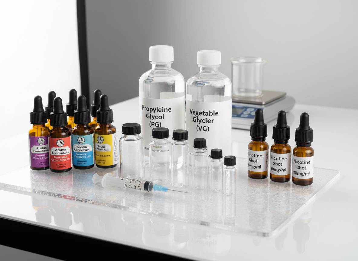 DIY-Zutaten zum Liquidmischen: PG- und VG-Flaschen, Aromen, Nikotinshots und leere Mischflaschen auf einem Tisch.