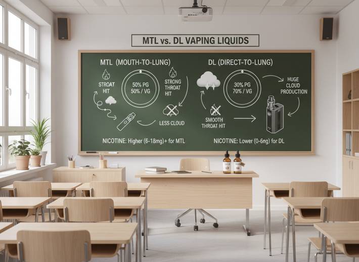 Tafel im Klassenzimmer mit anschaulicher Erklärung der Unterschiede zwischen MTL- und DL-Liquids, inklusive PG/VG-Verhältnissen und Vaping-Symbolen.