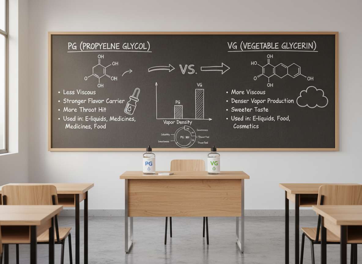 Tafel im Klassenzimmer mit PG/VG Erklärung, chemischen Strukturen und Vergleich zwischen Propylenglykol und pflanzlichem Glycerin, vorne ein Lehrerpult.