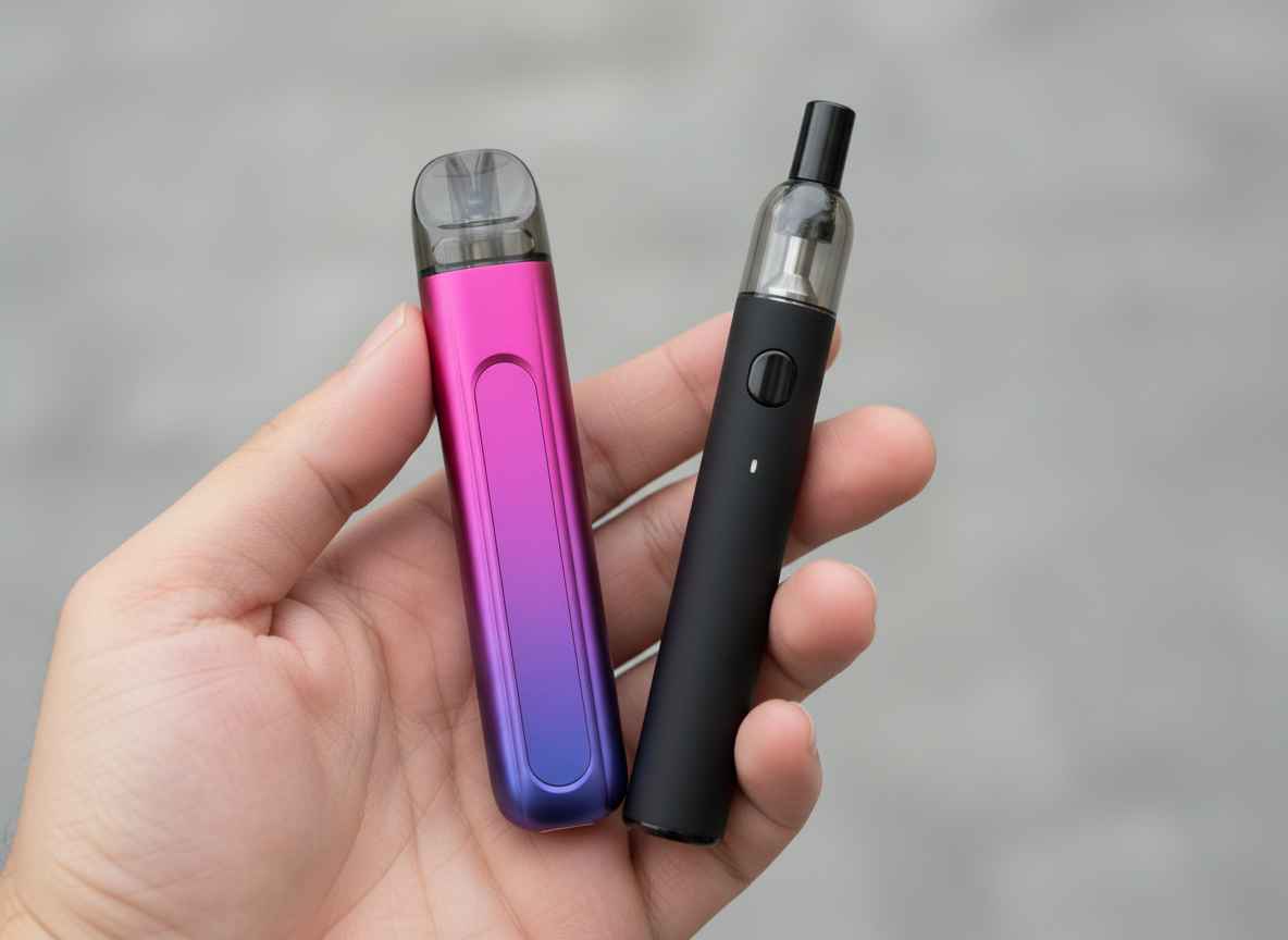Zwei moderne Pod-Systeme im Größenvergleich - E-Zigaretten Blog & Vaping Community Hand hält zwei Pod-Vape-Geräte, eines in Pink-Lila und eines in Schwarz, vor neutralem Hintergrund.