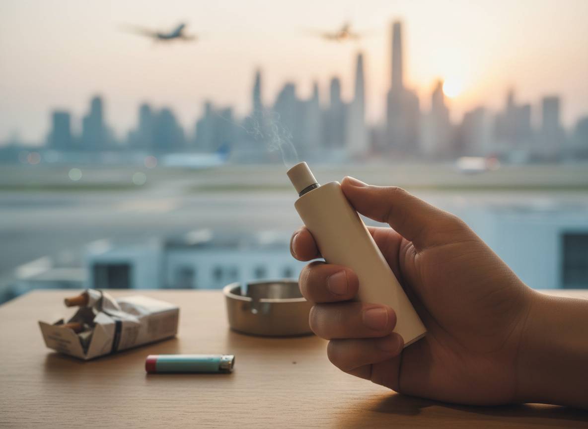 Hand hält eine E-Zigarette, während daneben eine geöffnete Zigarettenschachtel liegt – symbolischer Umstieg vom Rauchen zum Vaping.