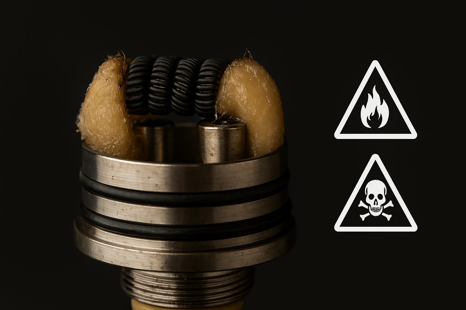 Verdampferkopf mit verbrannter Watte einer Vape – Symbolbild für verbrannten Geschmack beim Dampfen