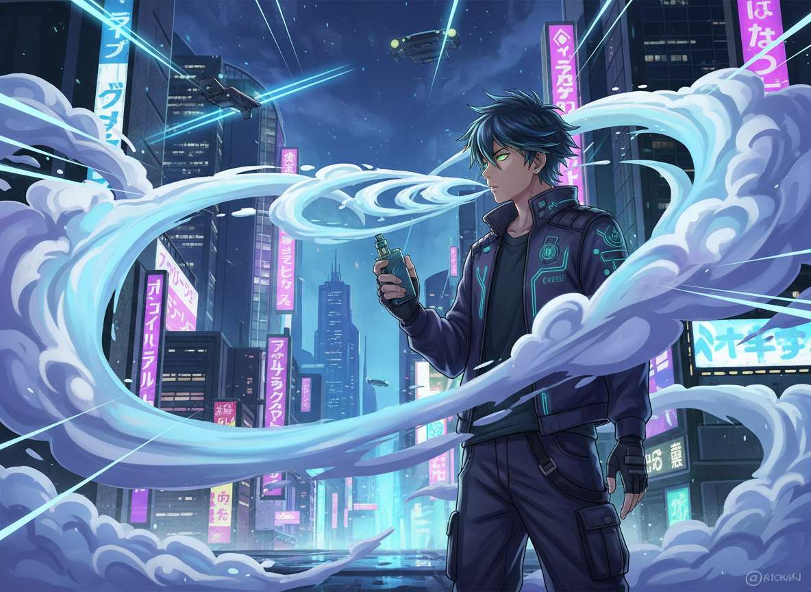 Anime Vape Tricks – futuristische O-Ringe - E-Zigaretten Blog & Vaping Community Anime-Illustration eines jungen Mannes, der in einer futuristischen Stadt große Vape-Ringe ausstößt; dynamische Rauchformen und Neonlichter im Hintergrund.