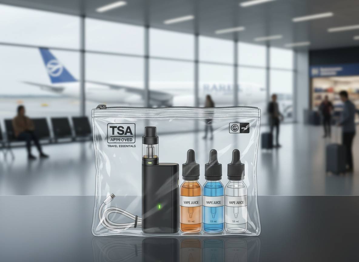 E-Zigarette und mehrere Liquidflaschen in einem transparenten TSA-Beutel im Flughafen, bereit für die Mitnahme im Handgepäck.