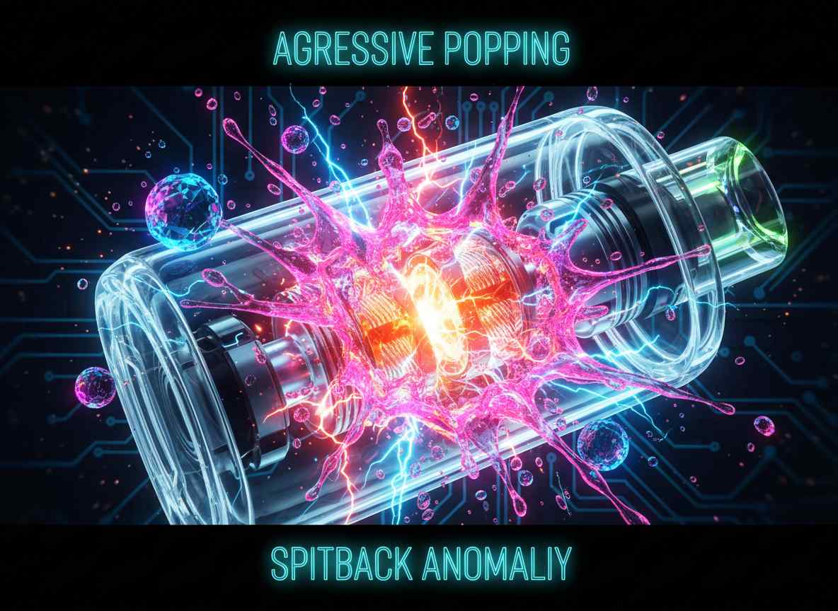 Vape knistert – Spitback & aggressives Popping - E-Zigaretten Blog & Vaping Community Explodierende Liquid-Tropfen und starkes Knistern im Vape-Coil – Visualisierung von aggressivem Popping und Spitback bei einer E-Zigarette.