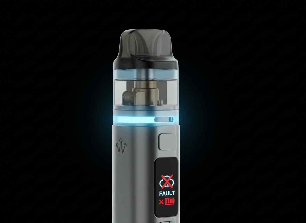 Vape zieht nicht richtig – technisches Problem im Pod-System - E-Zigaretten Blog & Vaping Community Detailaufnahme einer modernen Vape, die nicht richtig zieht. Das Display zeigt eine Fehlermeldung, während der Pod von innen beleuchtet ist.