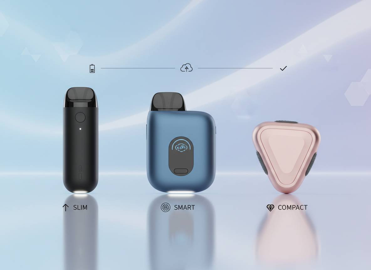 Vergleichsbild mit drei modernen Pod-Systemen in unterschiedlichen Formen, dargestellt als Slim-, Smart- und Compact-Vape, auf hellem technischen Hintergrund.
