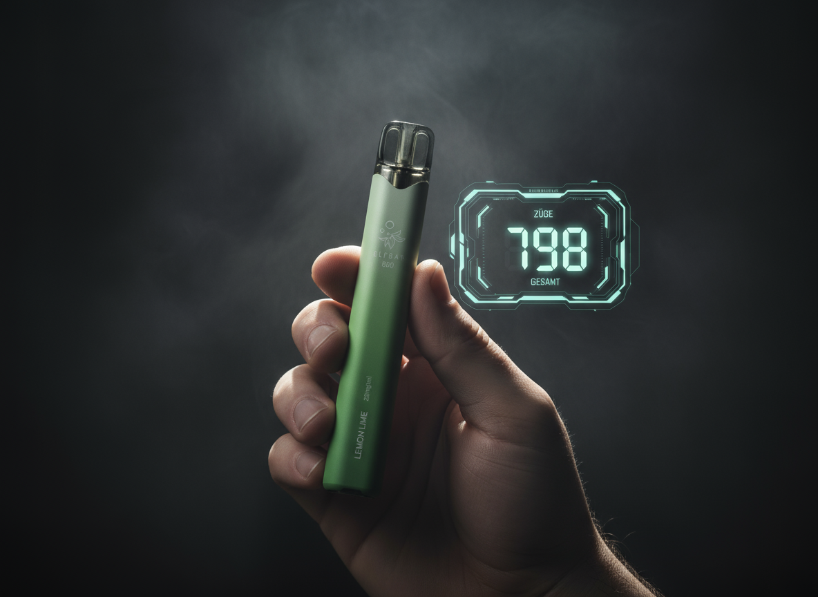 Hand hält eine Vape mit schwebendem digitalem Zähler – Darstellung der Zuganzahl einer E-Zigarette.