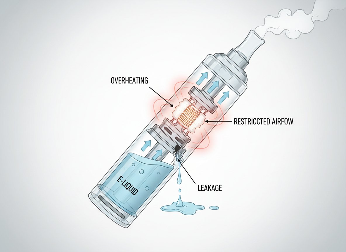 Technische Illustration einer E-Zigarette mit typischen Vape Problemen wie Überhitzung, eingeschränktem Luftstrom und auslaufendem Liquid