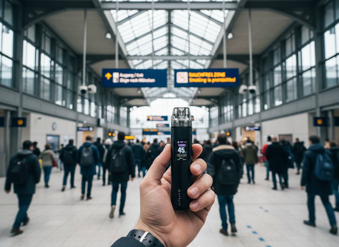 Person hält eine E-Zigarette in einer deutschen Bahnhofshalle – rechtliche Einordnung des Dampfens im öffentlichen Raum